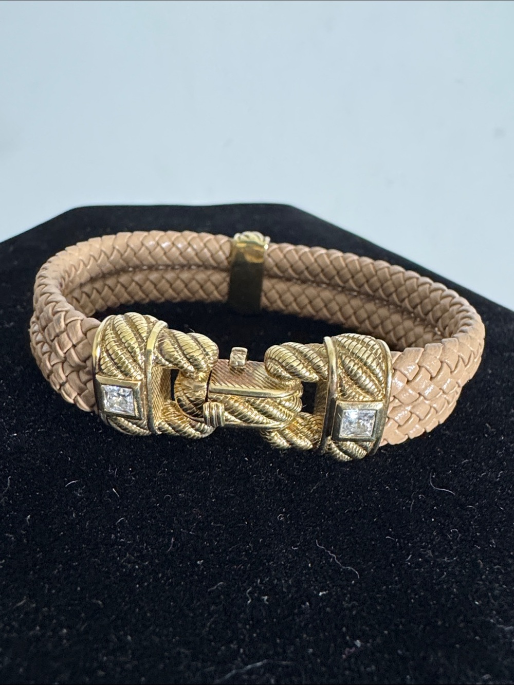 JUDITH RIPKA Tan Braided Leather Gold Tone Sterling Silver 925 CZ Bracelet
